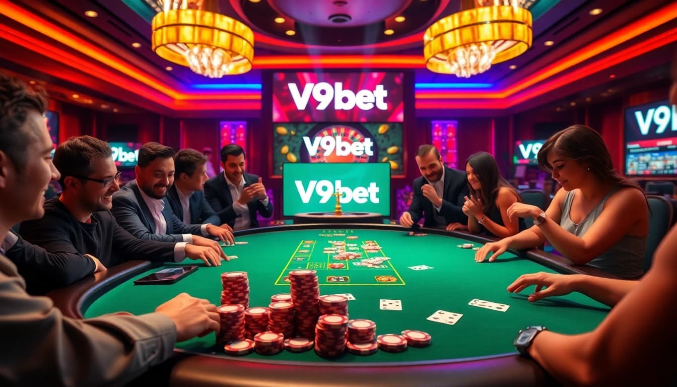 Experience high-stakes excitement at V9bet with a vibrant casino scene showcasing poker chips and cards.
