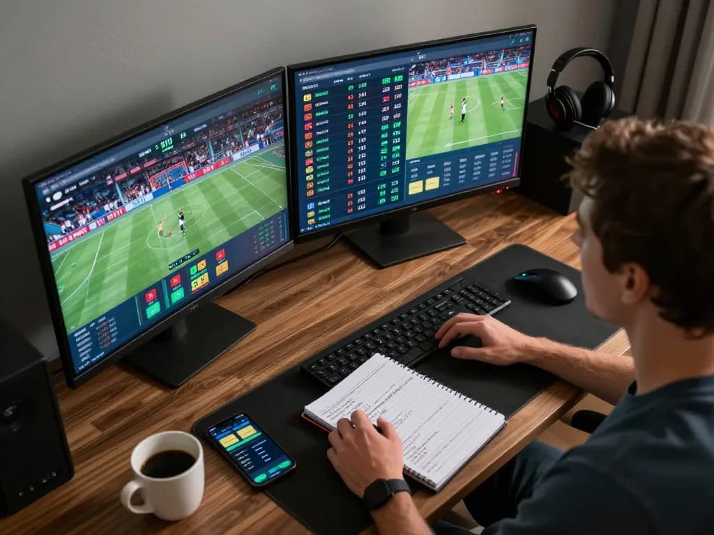 Engaging in live sports betting at home with Nhà cái ta88 platform on multiple screens, creating a strategic betting environment