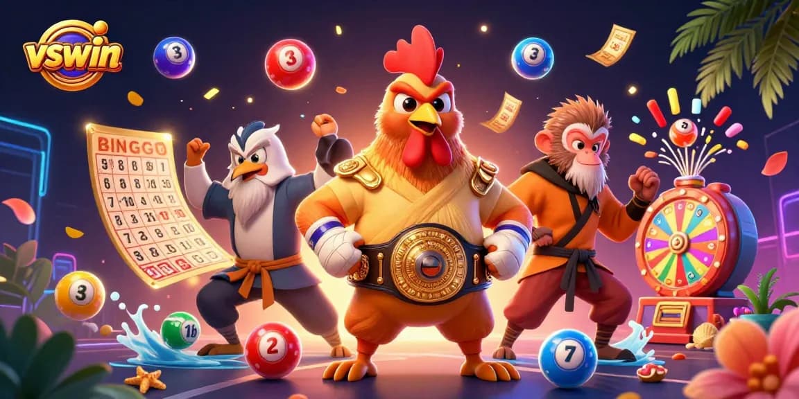 Experience thrilling gameplay with vswin, featuring vibrant lottery and casino elements, surrounded by dynamic characters.