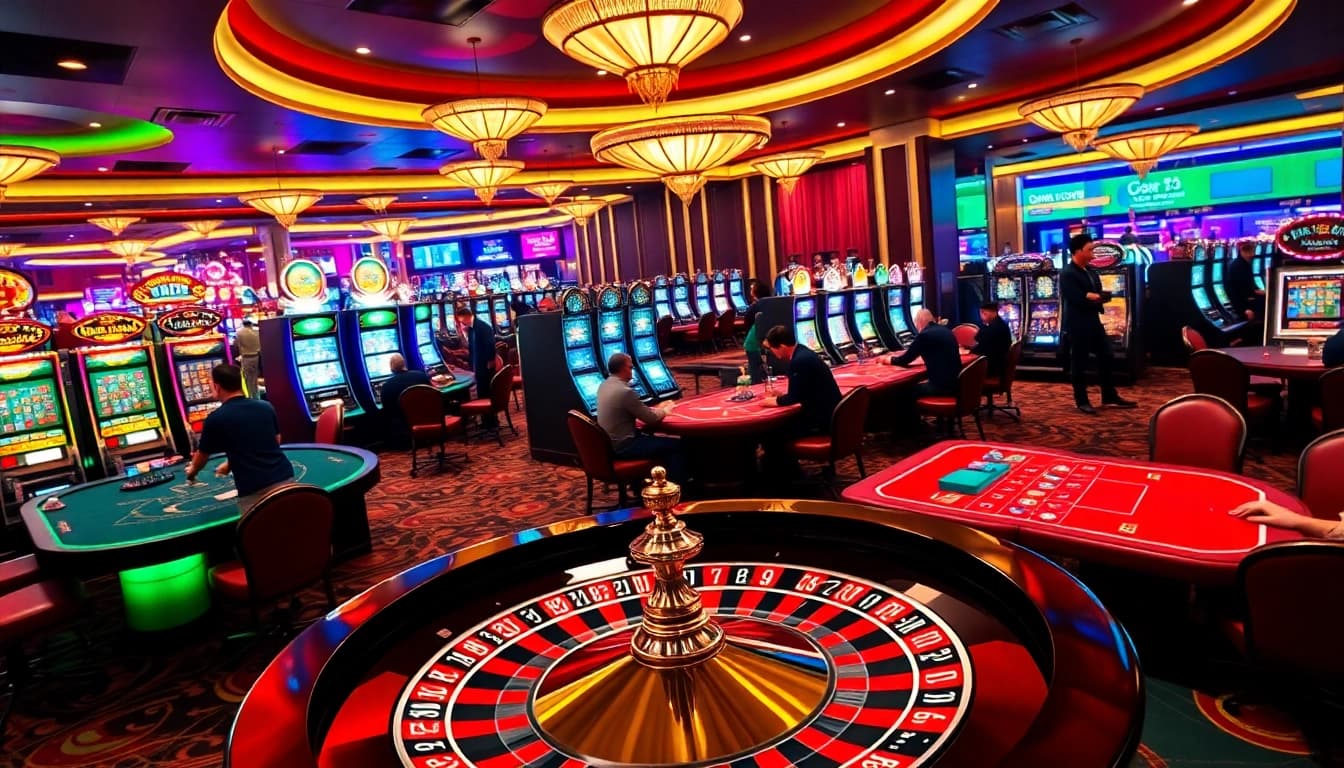 Engaging casino scene at https://nk88top.com/ featuring poker tables, slot machines, and roulette action.