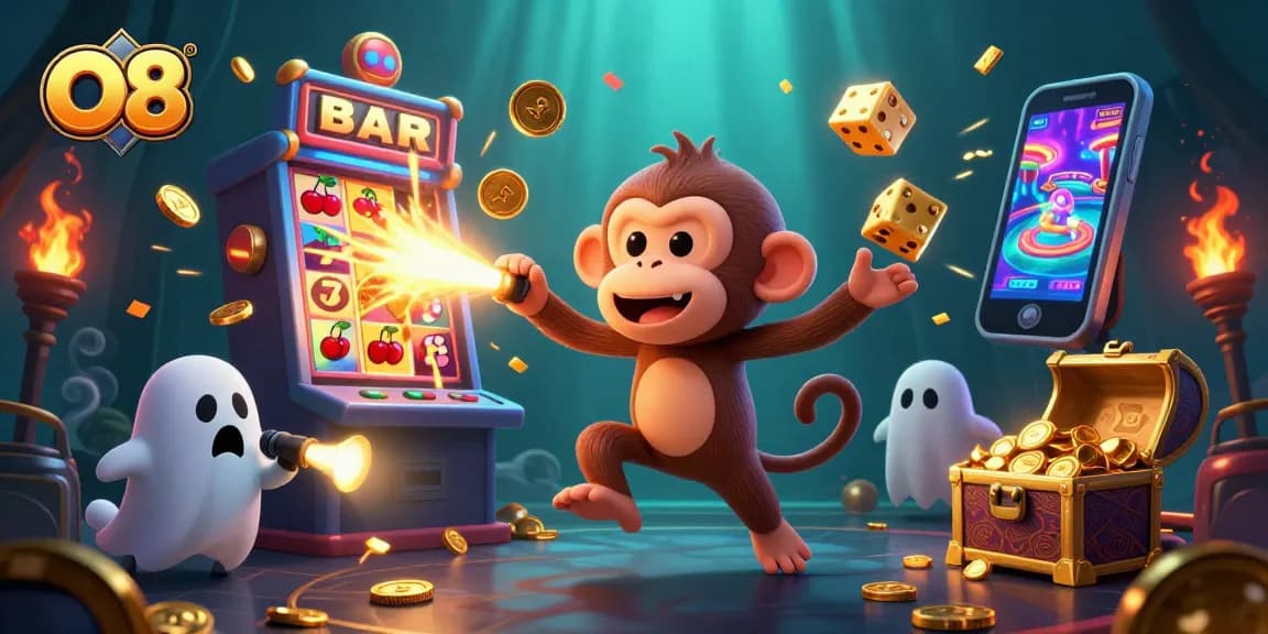 Join the thrilling adventure at O8 as a mischievous poltergeist monkey juggles riches in a chaotic casino.