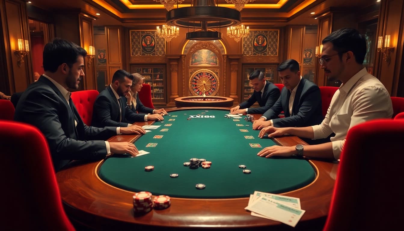 Players enjoying a thrilling poker game at XX 88 casino, surrounded by luxury and excitement.