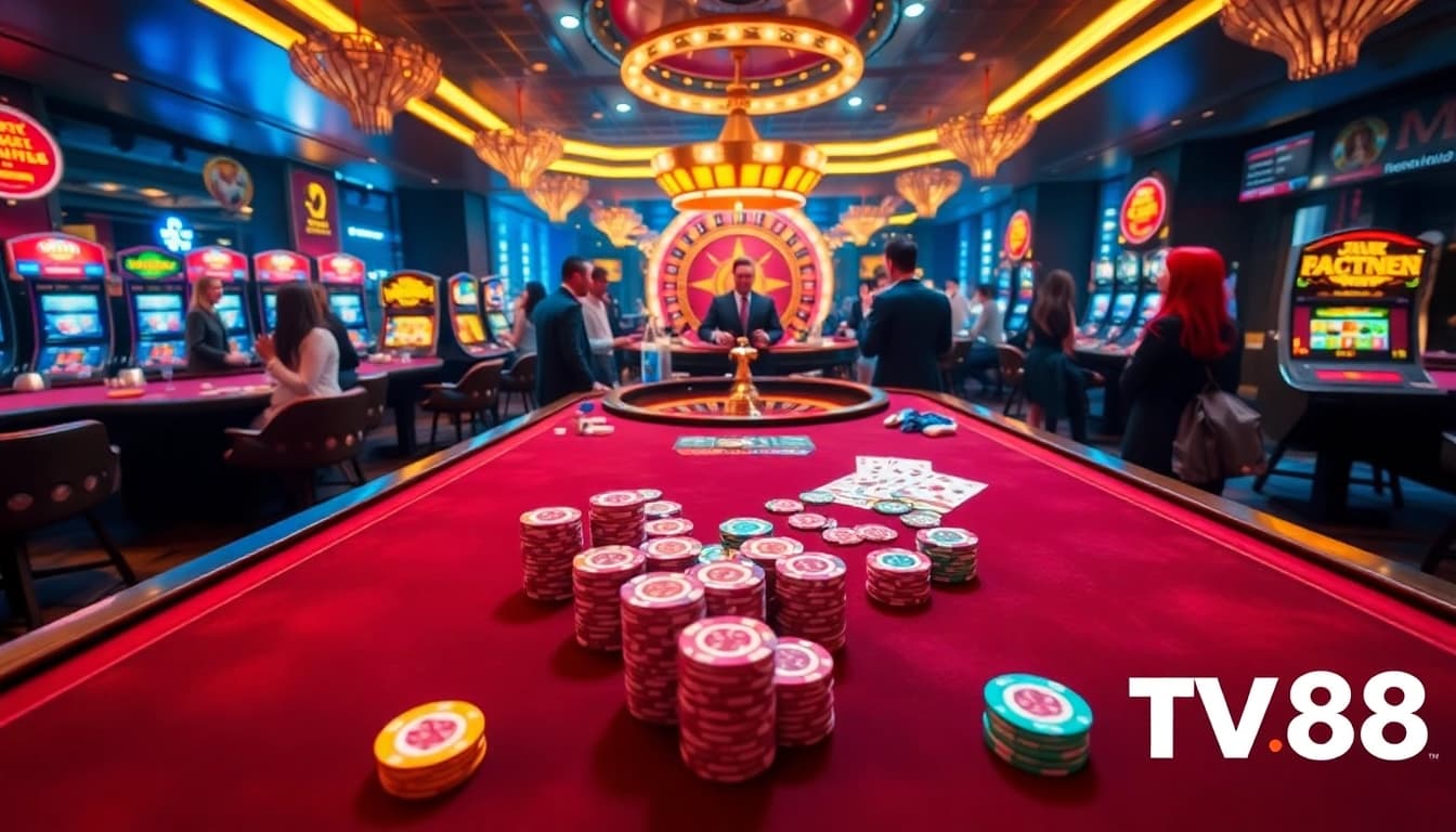 Exciting poker scene at TV88 casino featuring colorful chips and vibrant play atmosphere.