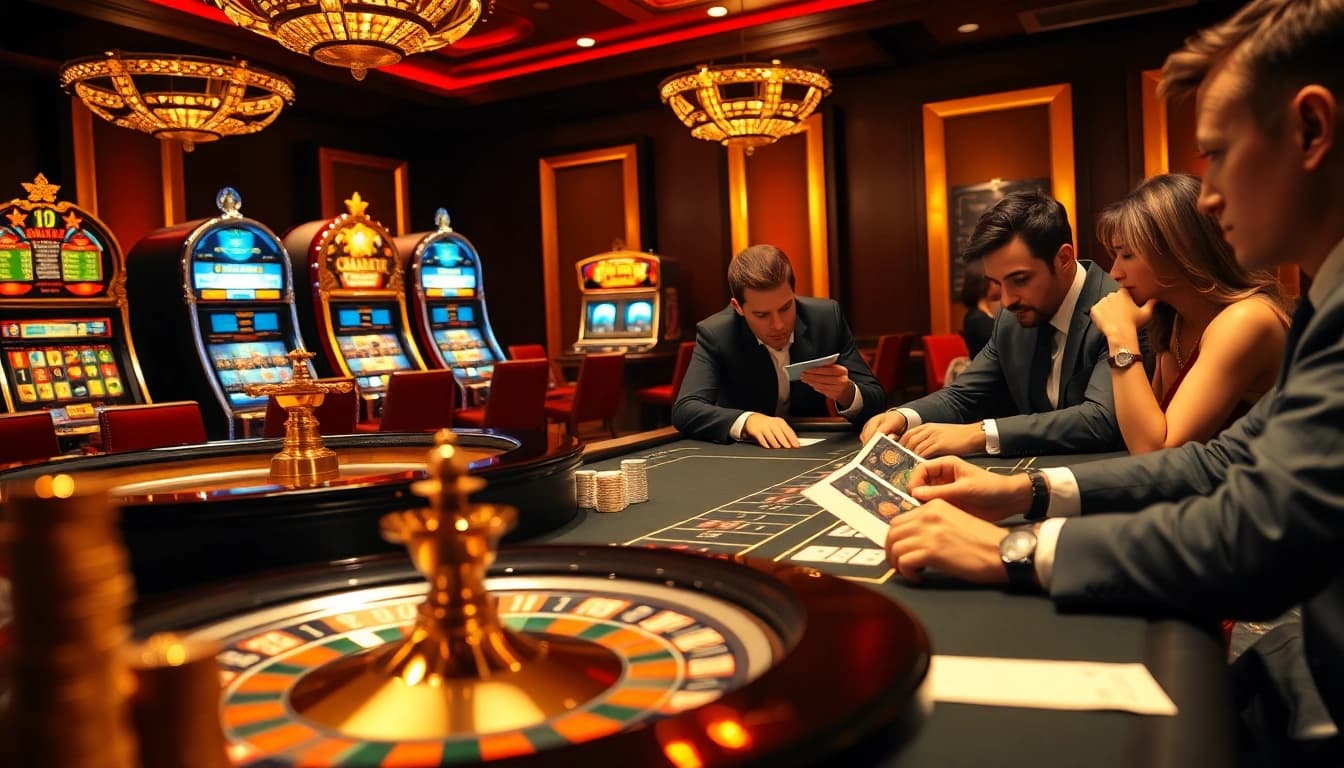 Experience high-stakes gambling at DA88 casino with a vibrant poker game and roulette table.