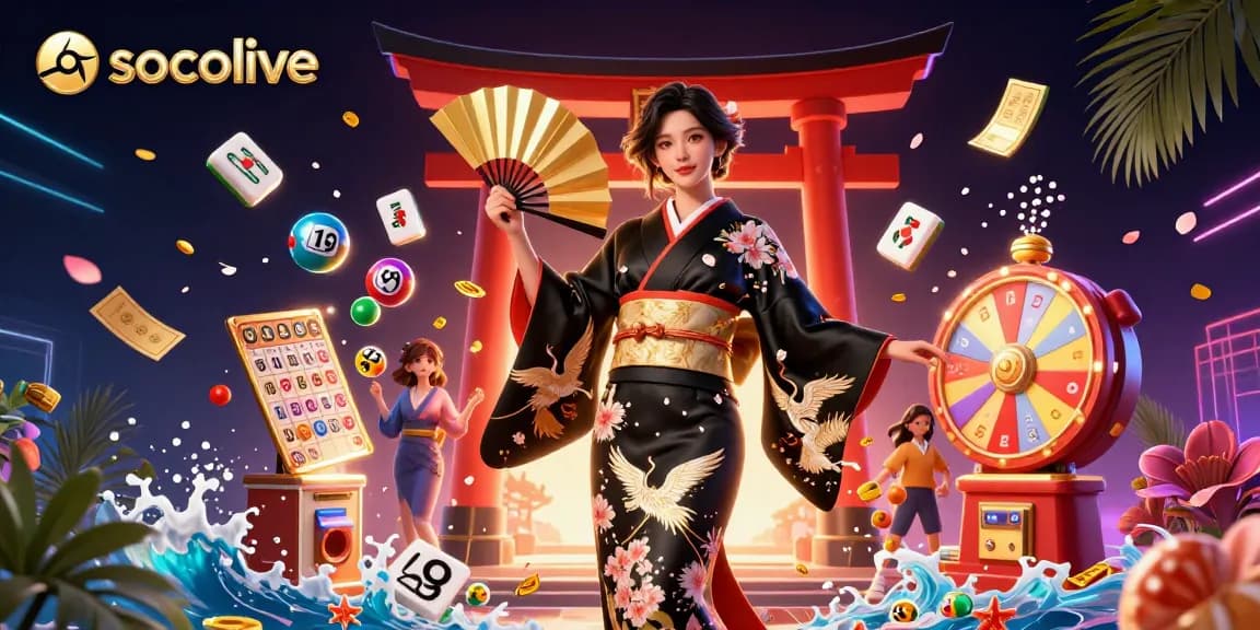 Socolive captivates with vibrant live gambling elements and a stunning Asian theme in dynamic illustration.