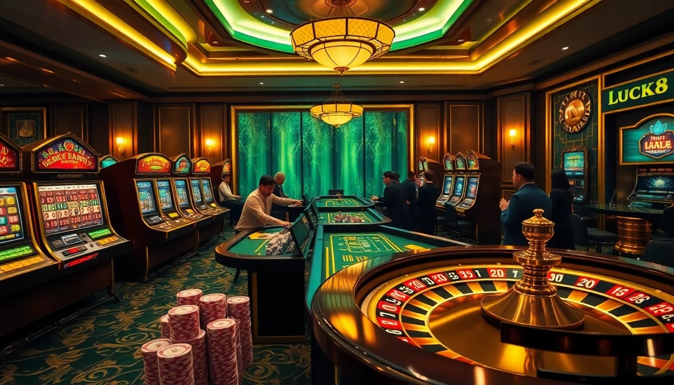 LUCK8 casino players celebrating wins at colorful poker tables with thrilling slot machines.