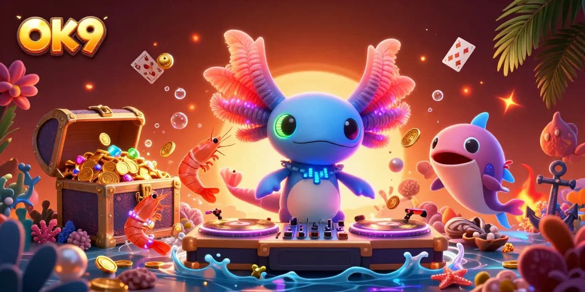 Engage with OK9's vibrant underwater casino scene featuring a neon axolotl DJ and energetic shrimp.