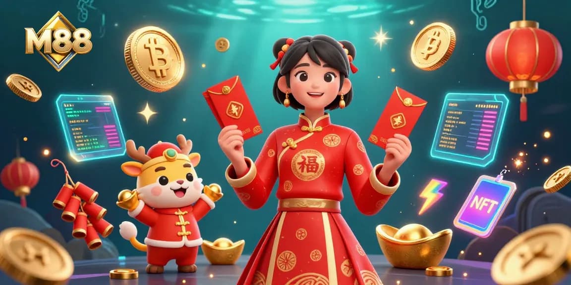 M88 offers thrilling gaming experiences with a vibrant Lunar New Year theme showcasing festive elements and cryptocurrency.