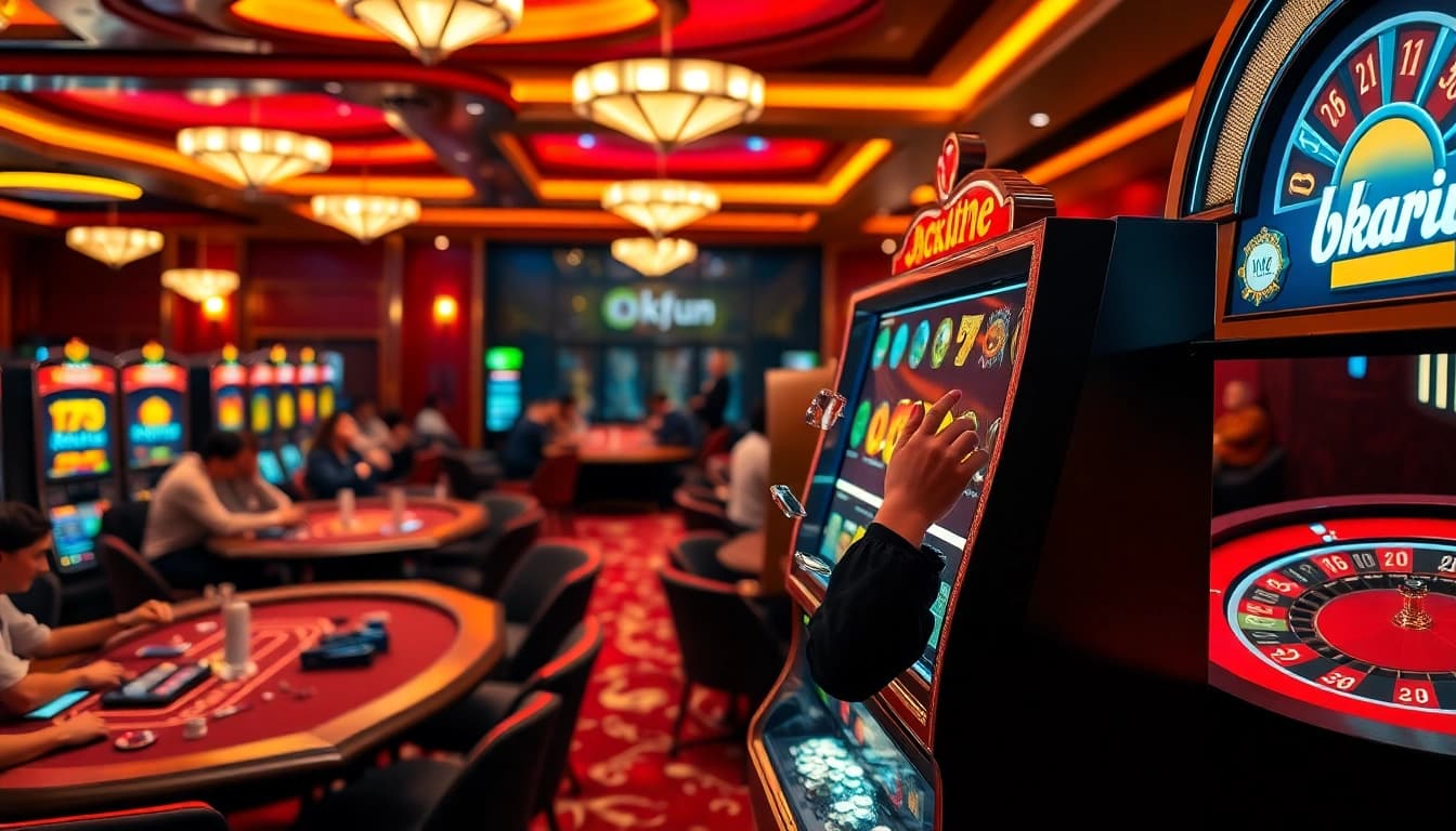 Players celebrating a win at the okfun casino with vibrant slot machines and chips.