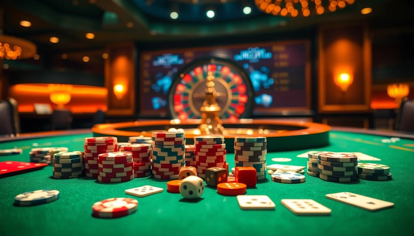 Experience thrilling gambling at https://debet.jp.net/ with a lively casino scene featuring poker chips, cards, and dice.