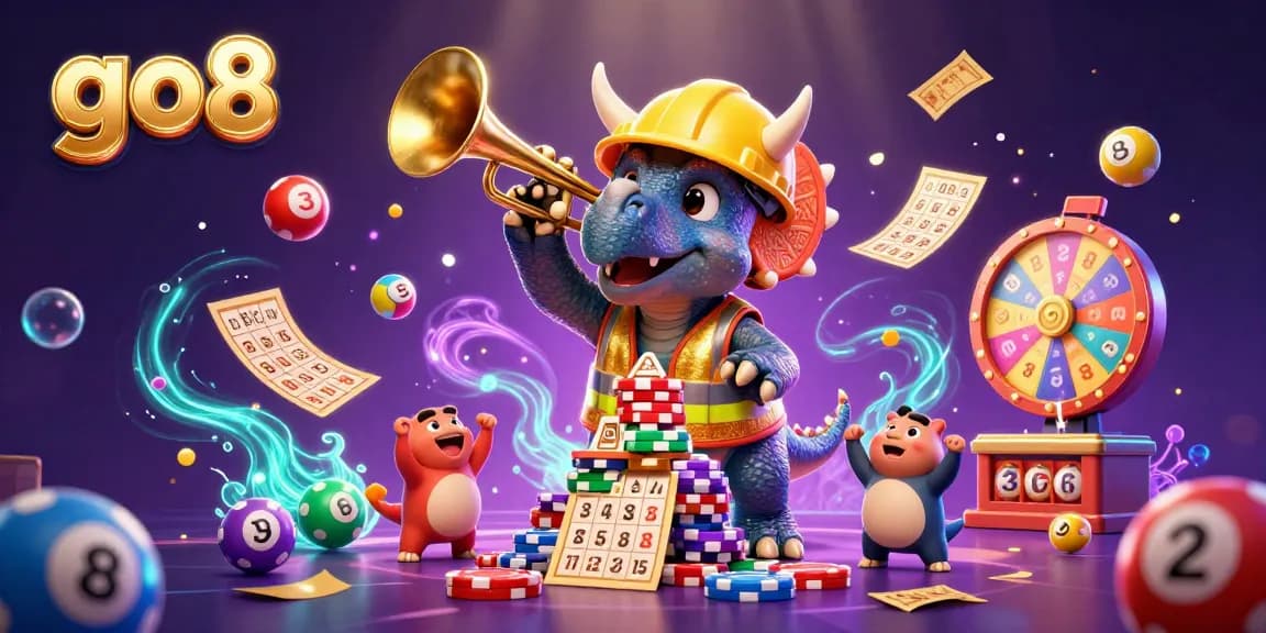 Engage in thrilling gaming with go8 as cartoon characters build a poker chip pyramid in a colorful casino.