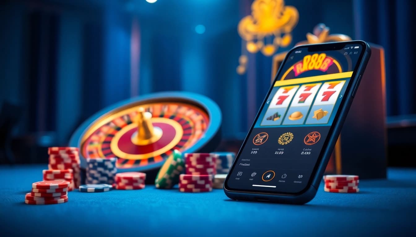 Experience thrilling online gaming at RR88 with vibrant poker chips and roulette.