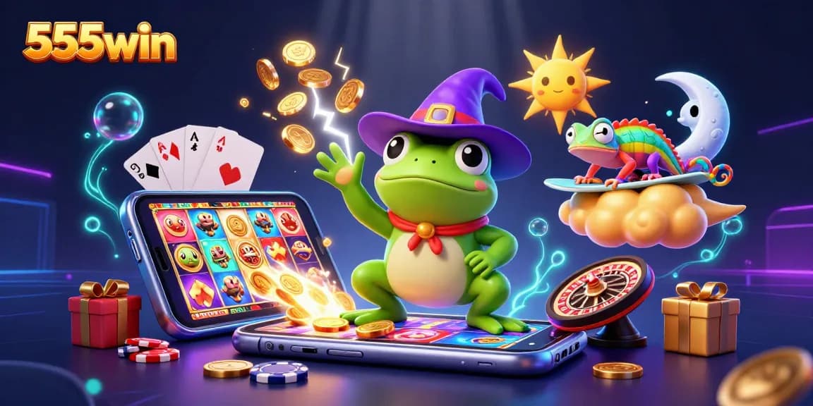 Win big at 555win with vibrant slot games and thrilling jackpots in a colorful casino scene.