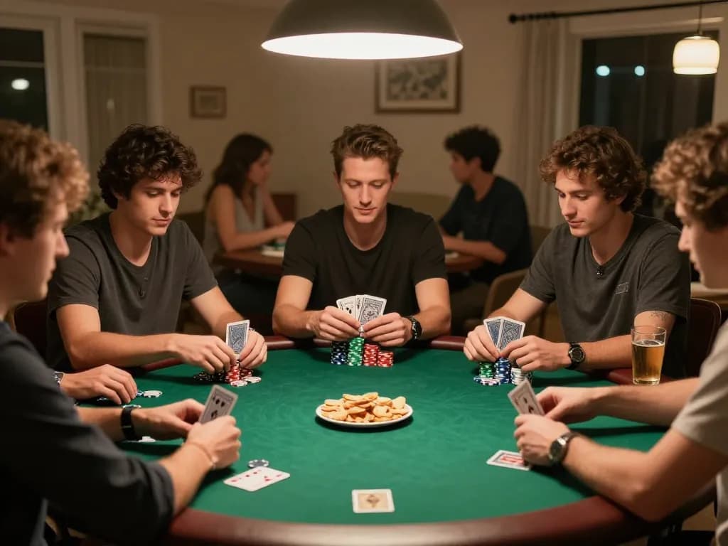 MM88 players enjoying an exciting poker game night with focused expressions and chips on the table.