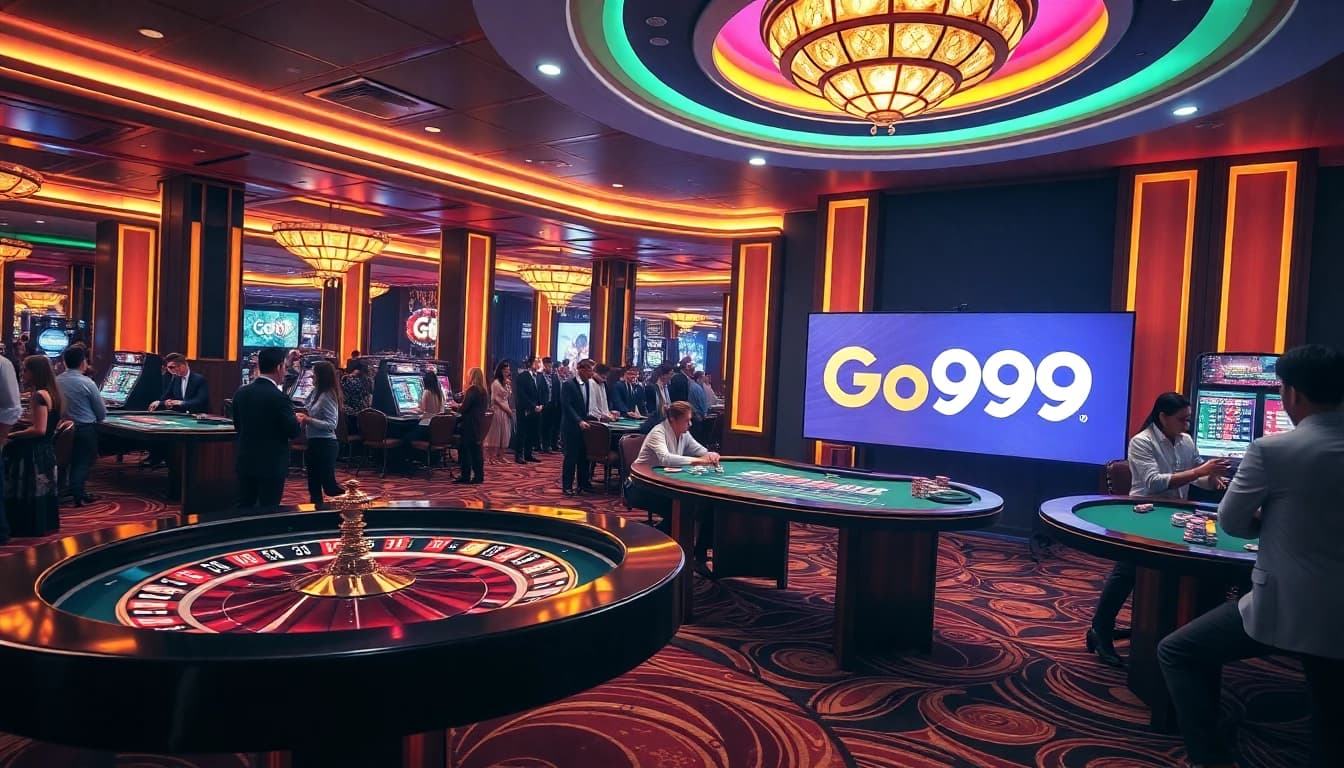 Experience the thrill at Go99 with gamblers at a luxurious casino table.