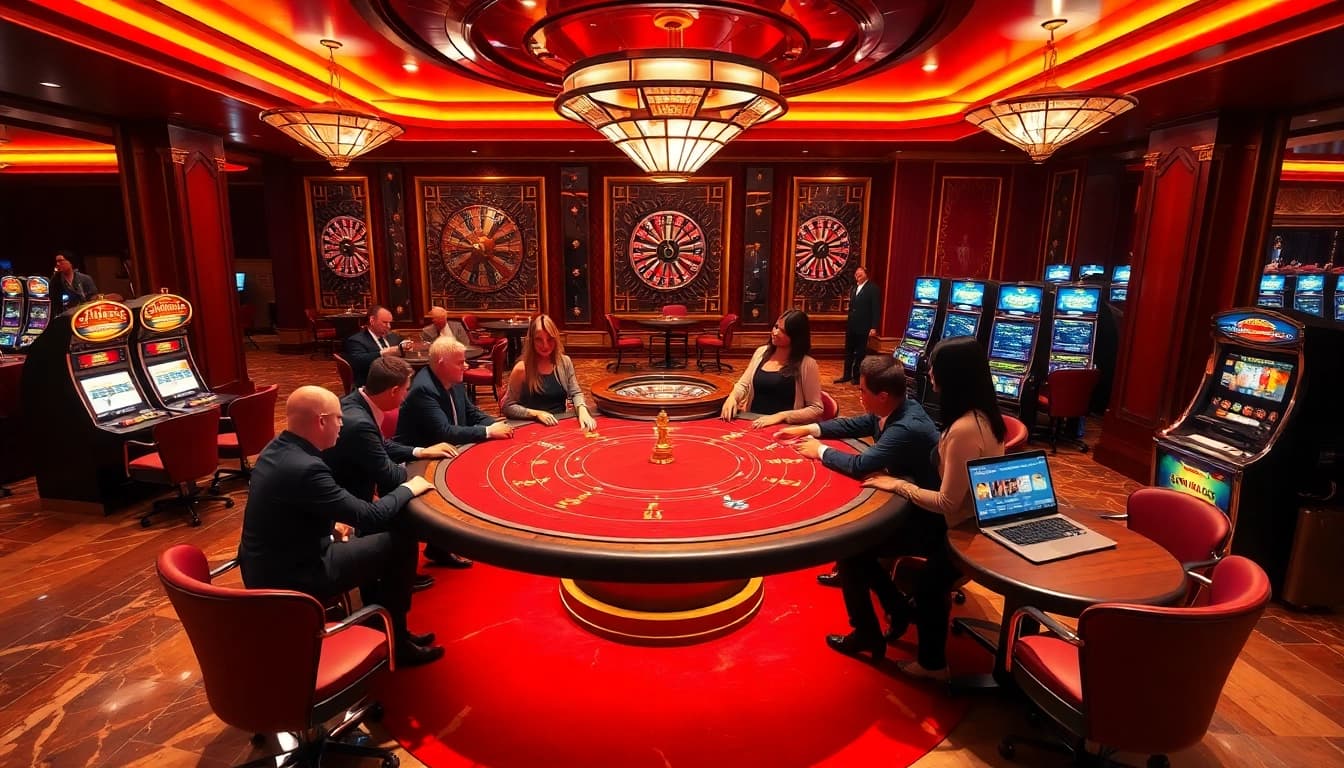 Bong88 players enjoying an exciting poker game in a luxurious casino setting.