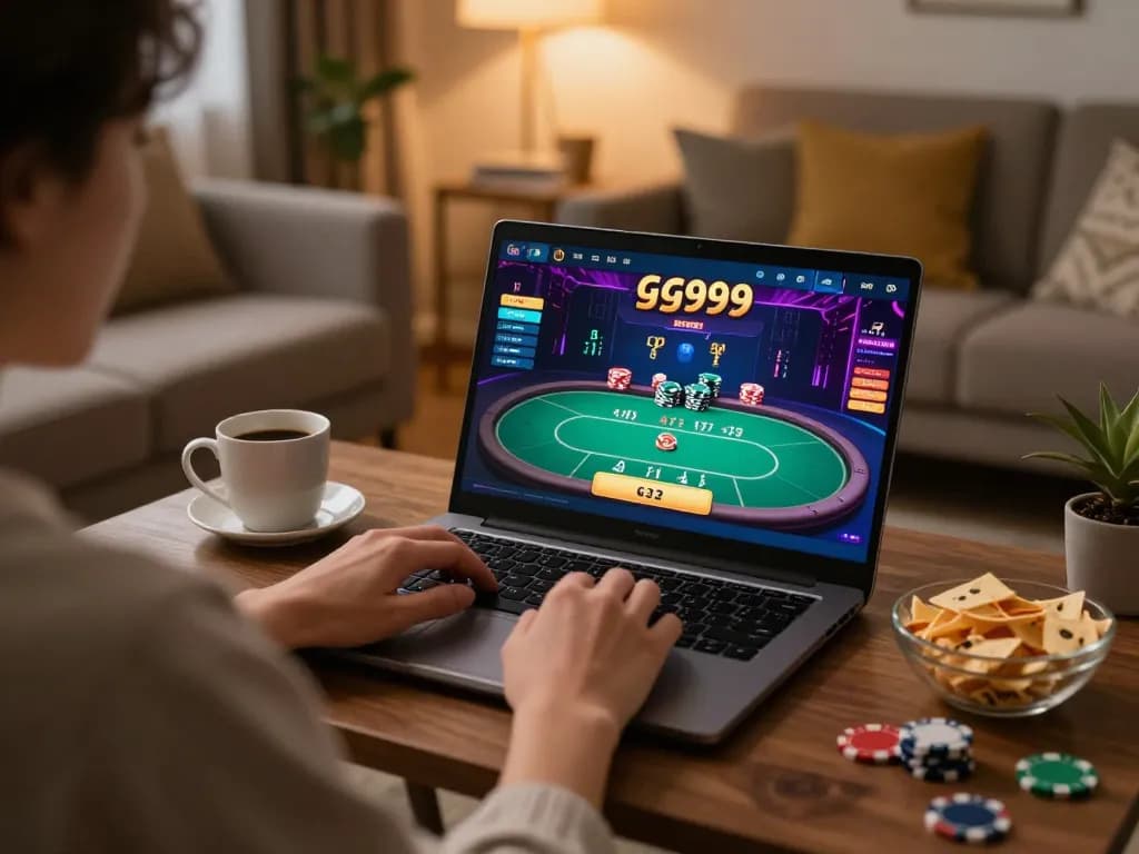 Orang yang terlibat dalam permainan poker online di platform gg999 di rumah, memperlihatkan pengaturan yang imersif.