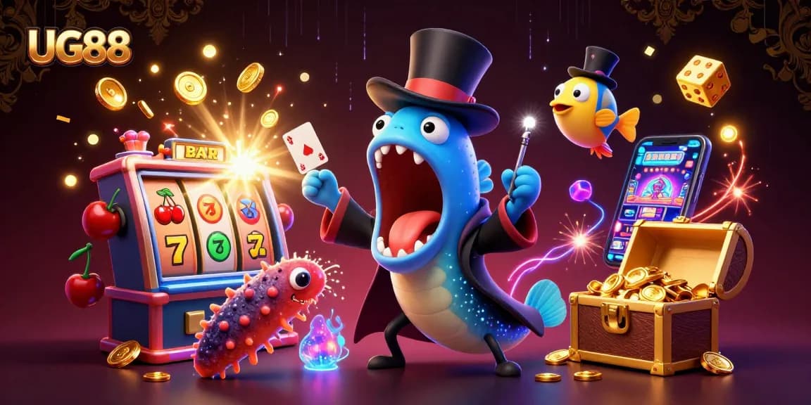 Experience thrilling gameplay with UG88's cartoon characters performing magical acts in a vibrant casino scene.