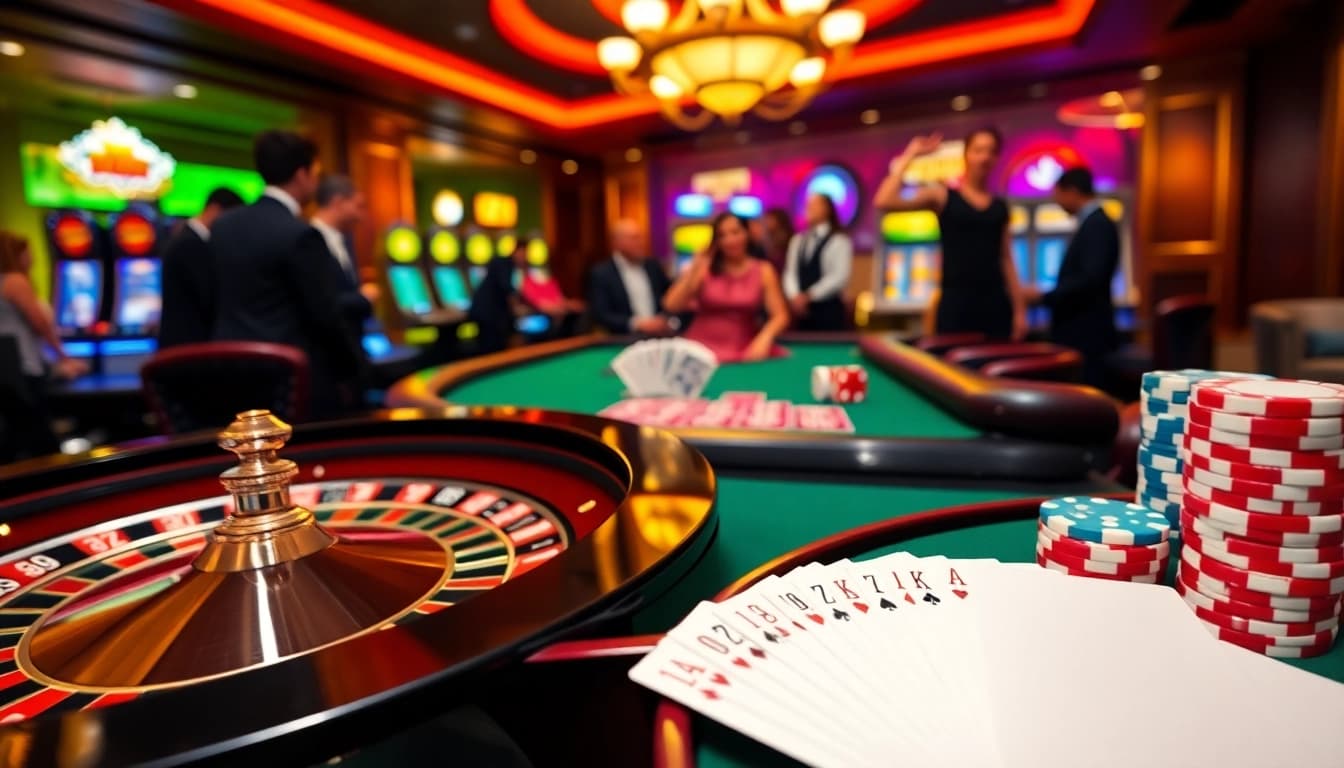 Players experiencing excitement at tt88 casino with roulette, cards, and poker chips.