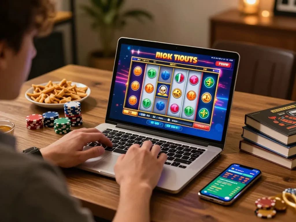 Pemain antusias menjelajahi permainan slot toto di laptop dalam pengaturan permainan rumah yang nyaman, dengan antarmuka permainan yang mencolok.