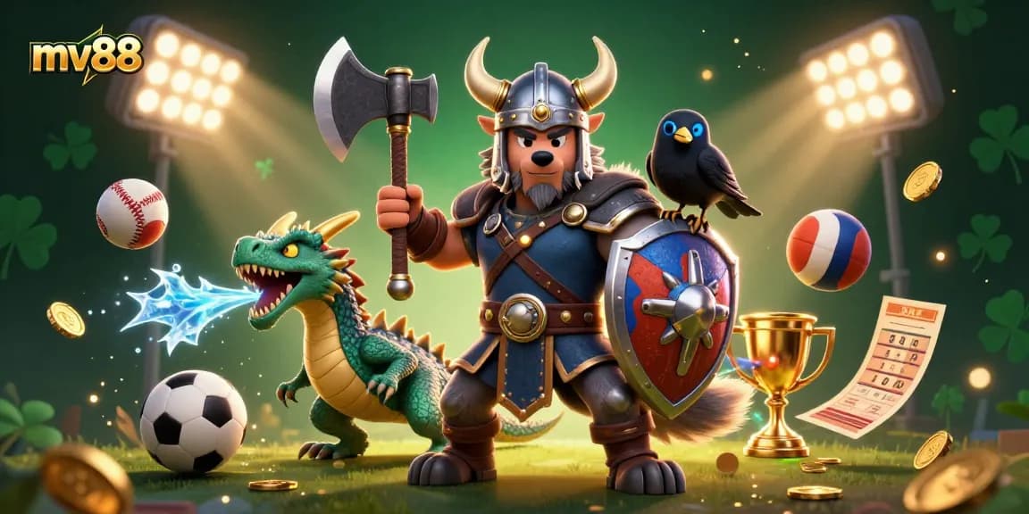 Engage with mv88's exciting betting environment featuring a cartoon Viking warrior, ice dragon, and dynamic sports elements.