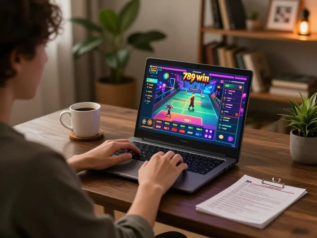 Playing casino games on laptop with 789 win, showcasing a modern home gaming setup