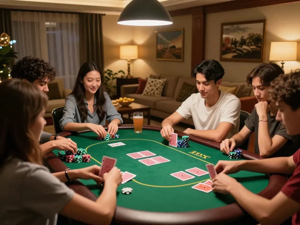 Nohu90 home poker game night with friends celebrating strategy and excitement at the table.