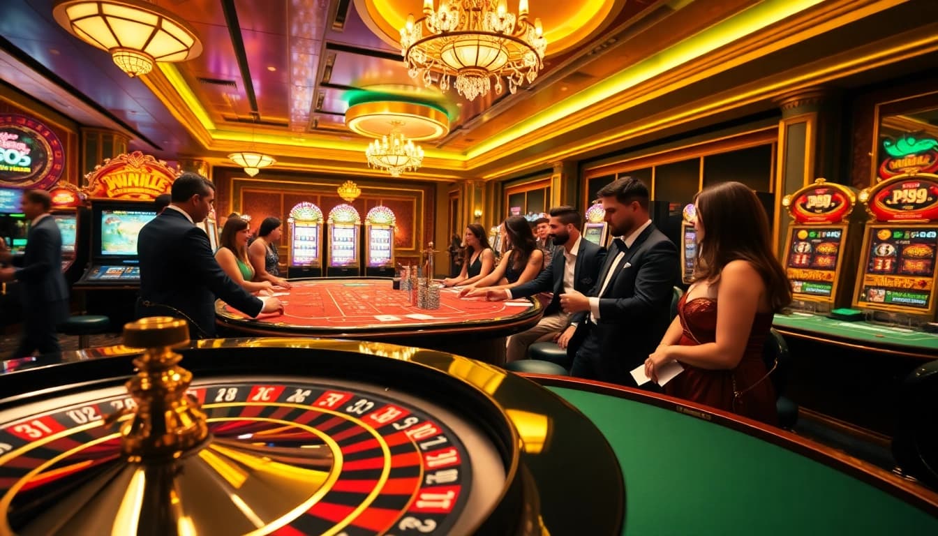 Experience the thrill of PS99 with vibrant casino gaming, featuring roulette, poker tables, and excited players.