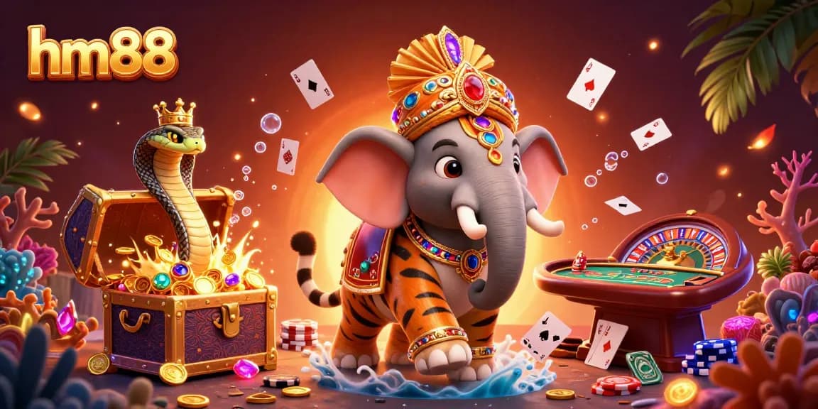 Experience the excitement of hm88 with a vibrant casino-themed 3D illustration showcasing jackpots and games.