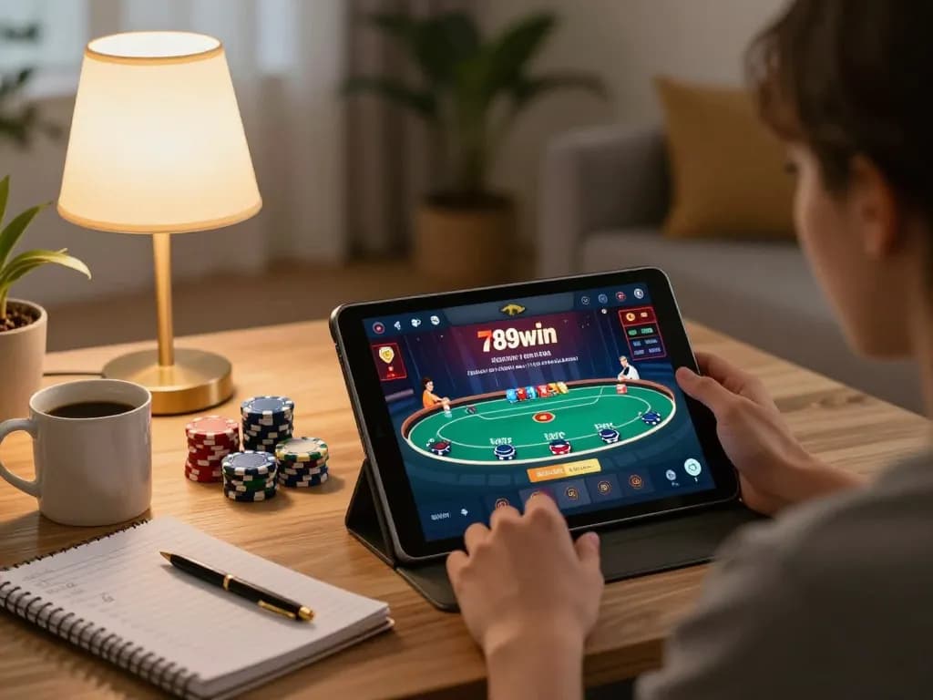 Engaging in game 789win with tablet, showcasing interactive poker action and strategic gameplay.