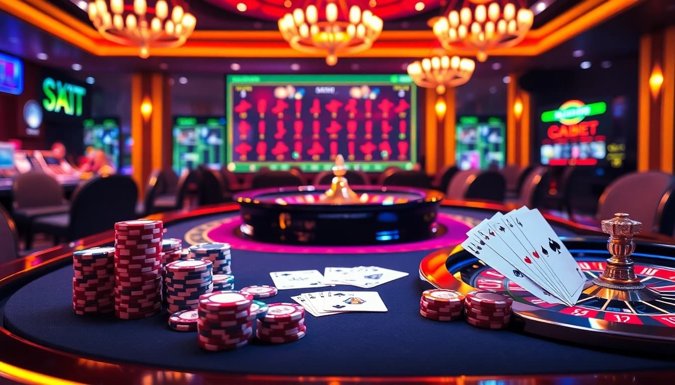 Experience the thrill of gambling with a casino scene showcasing truy cập SHBET chính thức, luxurious tables, and vibrant chips.