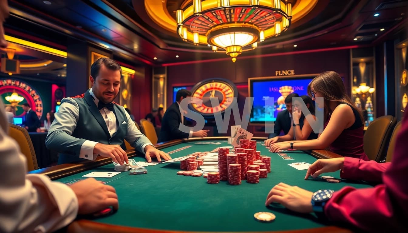 Exciting casino atmosphere with VSWIN poker action and luxurious gaming table.