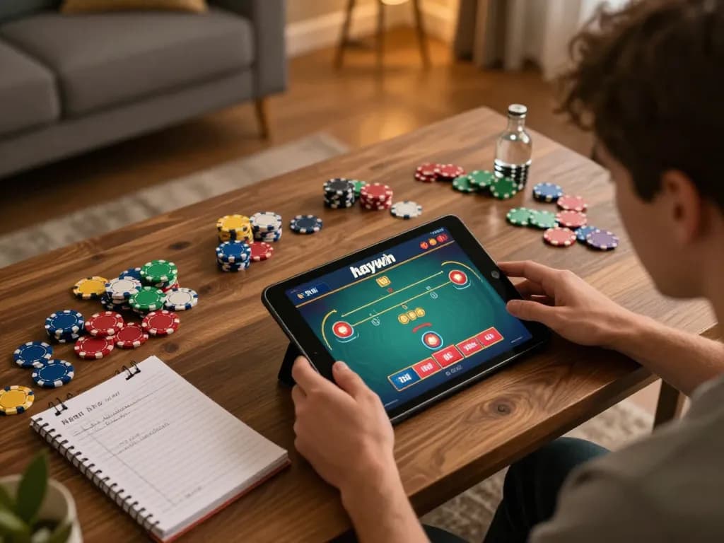 Engaging player enjoying Haywin online casino gaming on a tablet, showcasing strategy and vibrant home setting