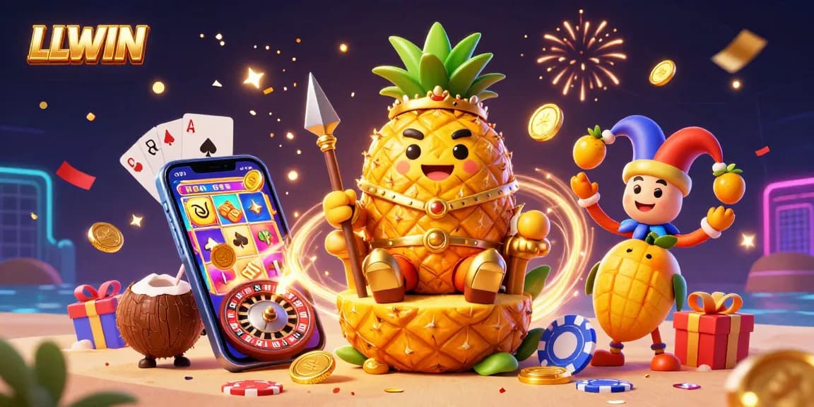LLWIN promotes excitement with a 3D pineapple king and casino elements showcasing vibrant games.