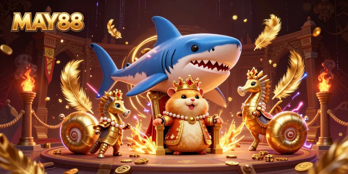 MAY88 invites you to experience thrilling games with the fierce golden hamster king in a vibrant casino setting