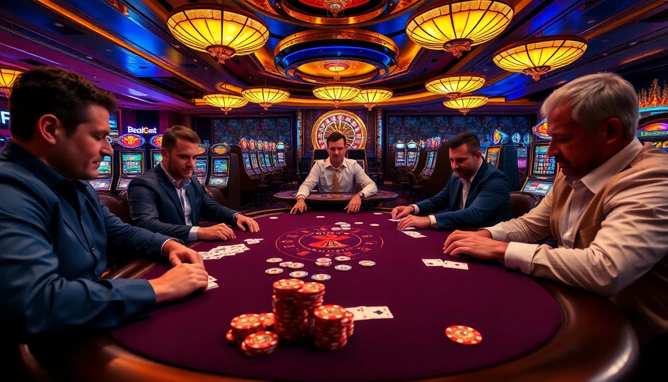 Daga casino players passionately engage in high-stakes poker at an elegant table.