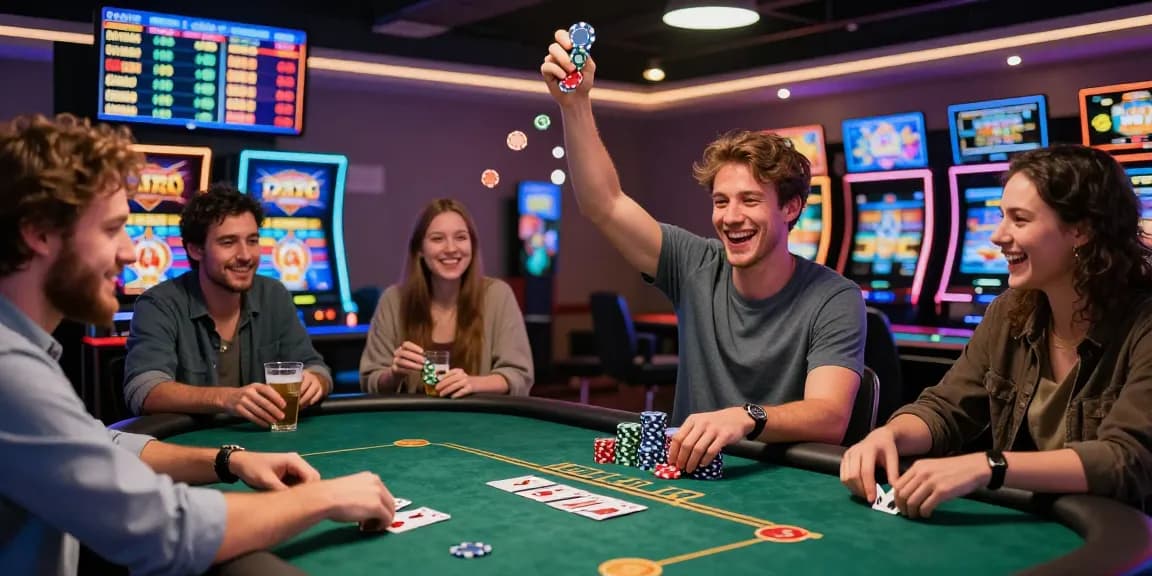Exciting gaming experience at HELLO88 with players celebrating wins and vibrant casino atmosphere.