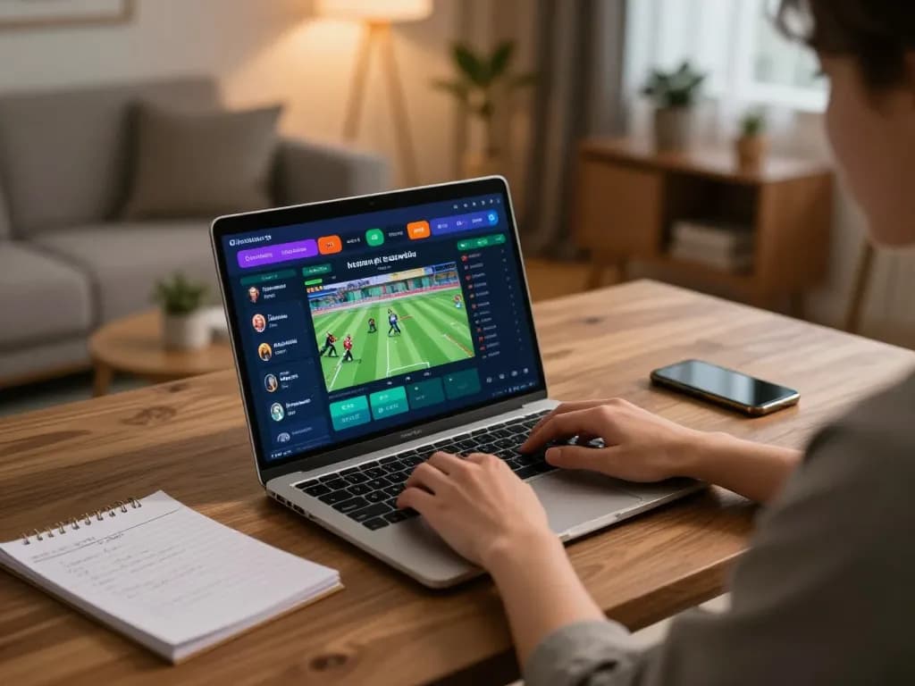 Engaging in sports betting on win68 platform from a cozy home setup with strategic planning elements.