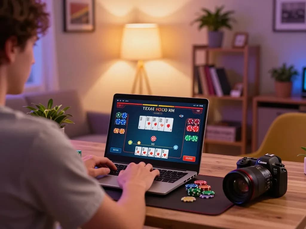 Person engaged in online poker at https://www.mnm88.com/, showing excited reaction to the game.
