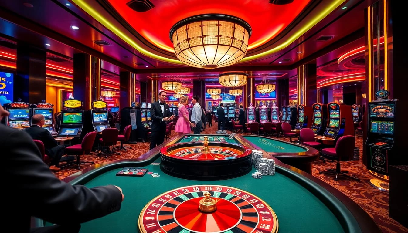 Engaging players in a luxurious KK55 casino setting with roulette, poker, and slot machines.