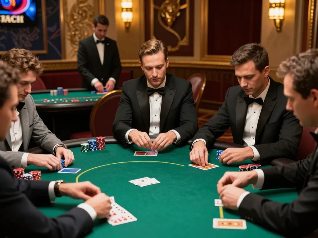 SC88 players strategizing fiercely at a high-stakes poker table in a luxury casino.