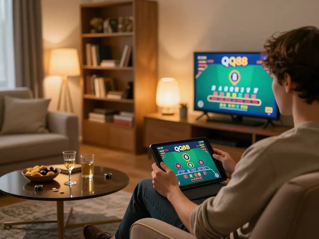 Enjoying a live dealer blackjack game on QQ88 AE from a cozy home, highlighting strategic online gambling.