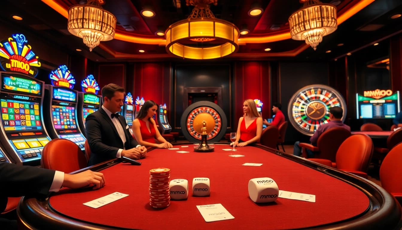 Experience the thrill of mmoo at a luxury casino with poker tables, vibrant slot machines, and exciting gameplay.