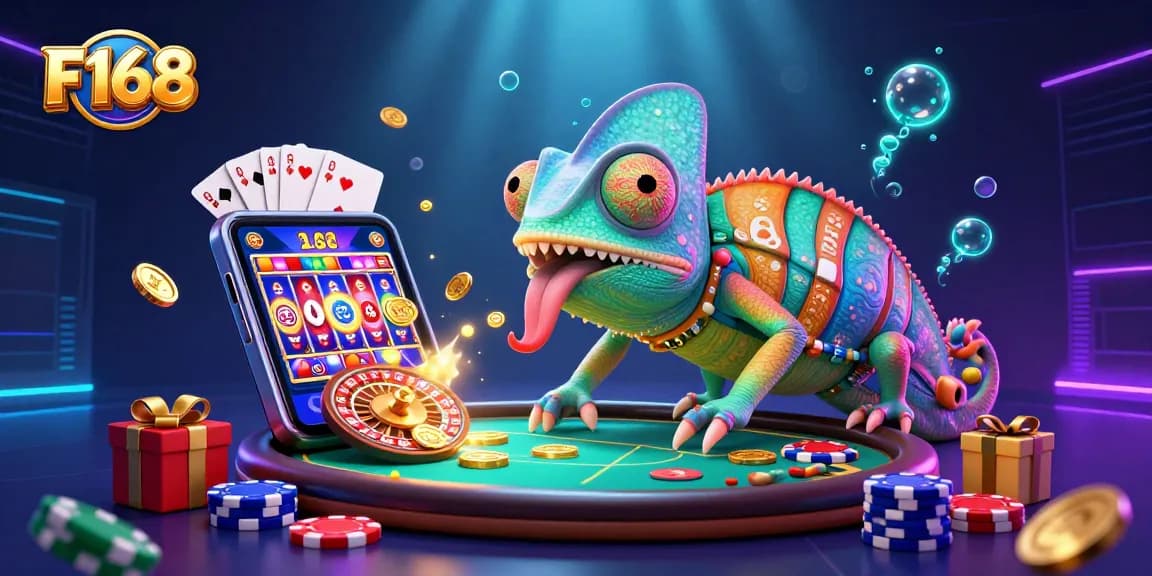 F168 chameleon casino owner catches coins while overseeing vibrant online gaming experience.