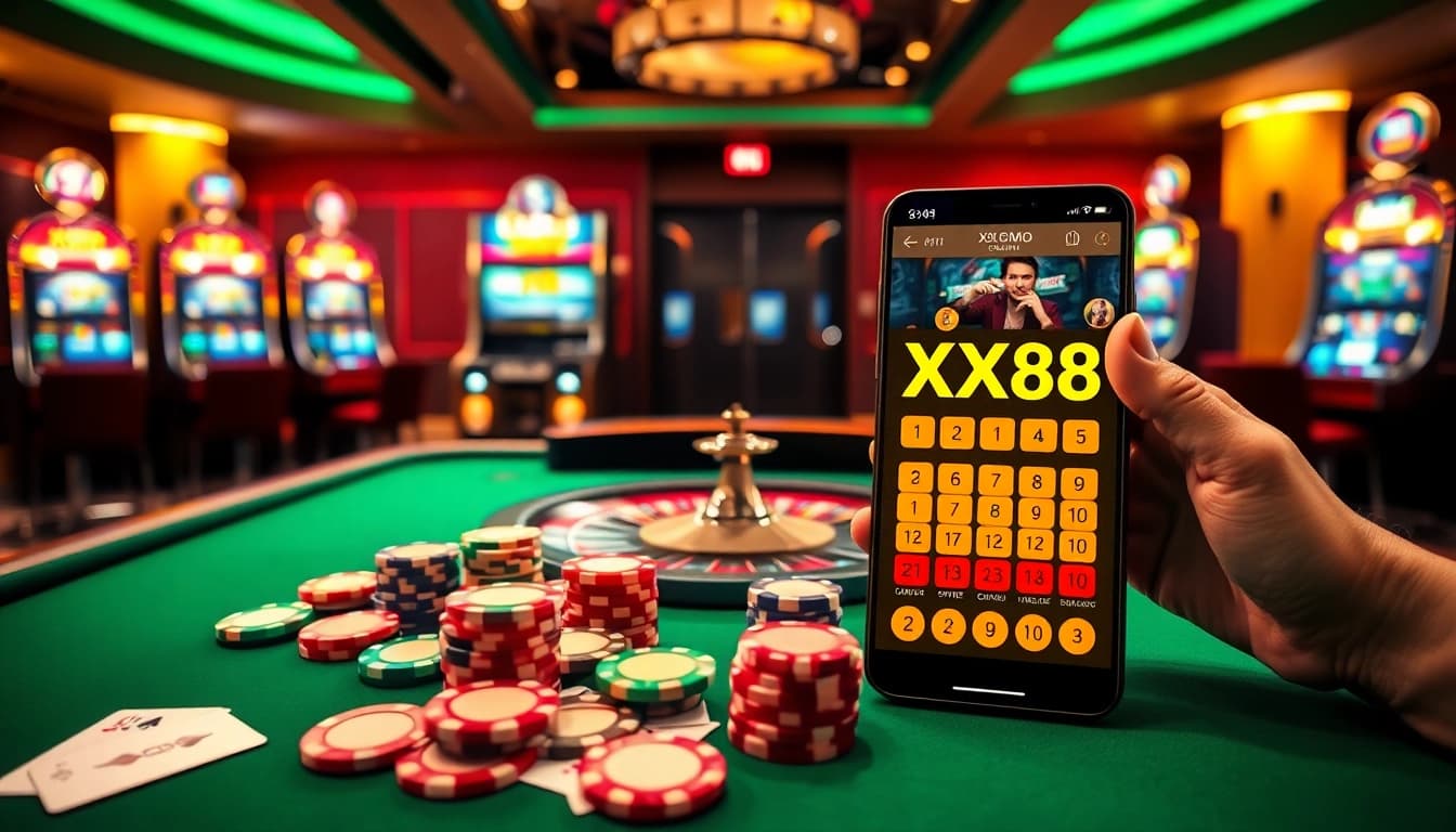 Engage in thrilling poker at XX88 casino, featuring colorful chips and a sleek roulette wheel.