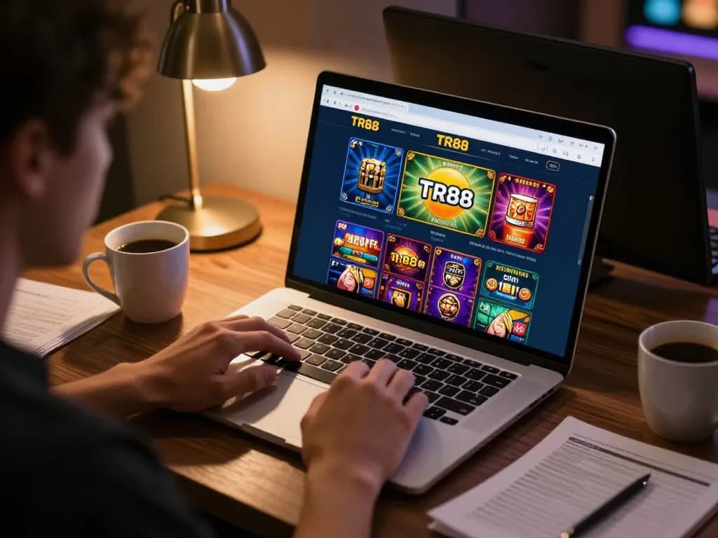 Engaging in online gaming at TR88 with laptop displaying casino interface and strategy notes.