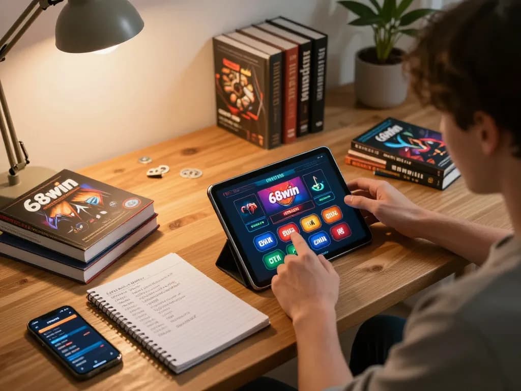 Person playing the 68win casino app on a tablet while surrounded by gambling strategy materials in a cozy home office.