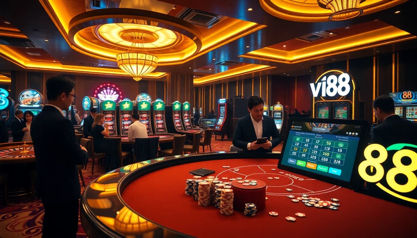 Engaging casino atmosphere at vn88 with roulette, poker chips, and vibrant gaming tables.