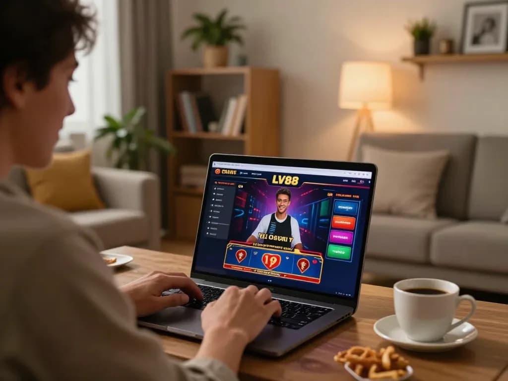 Player engaging with LV88 online casino on a laptop in a cozy living room, enjoying the gaming experience.