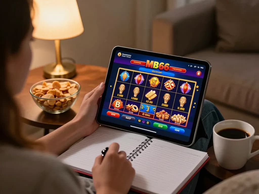 Engaging with the MB66 app on a tablet in a cozy home setting, highlighting responsible gaming.